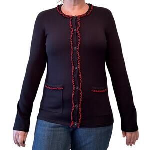 Vintage Preppy Cardigan, Navy Blue w. Red Ruffles, Retro Quiet Luxury, Size M